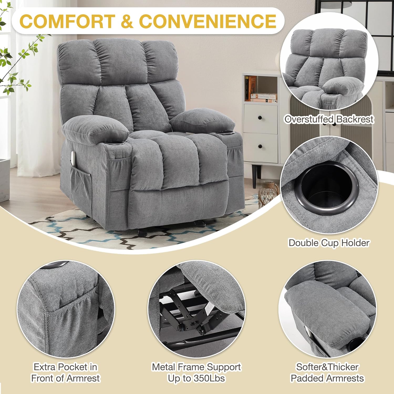 Massage Recliner Chair, Overstuffed Rocker Lazy Boy Chairs with Vibration&Gently Heat,Fabric Ergonomic Manual Nursery Chair for Living Room with Side Pocket, 2 Cup Holders, Grey