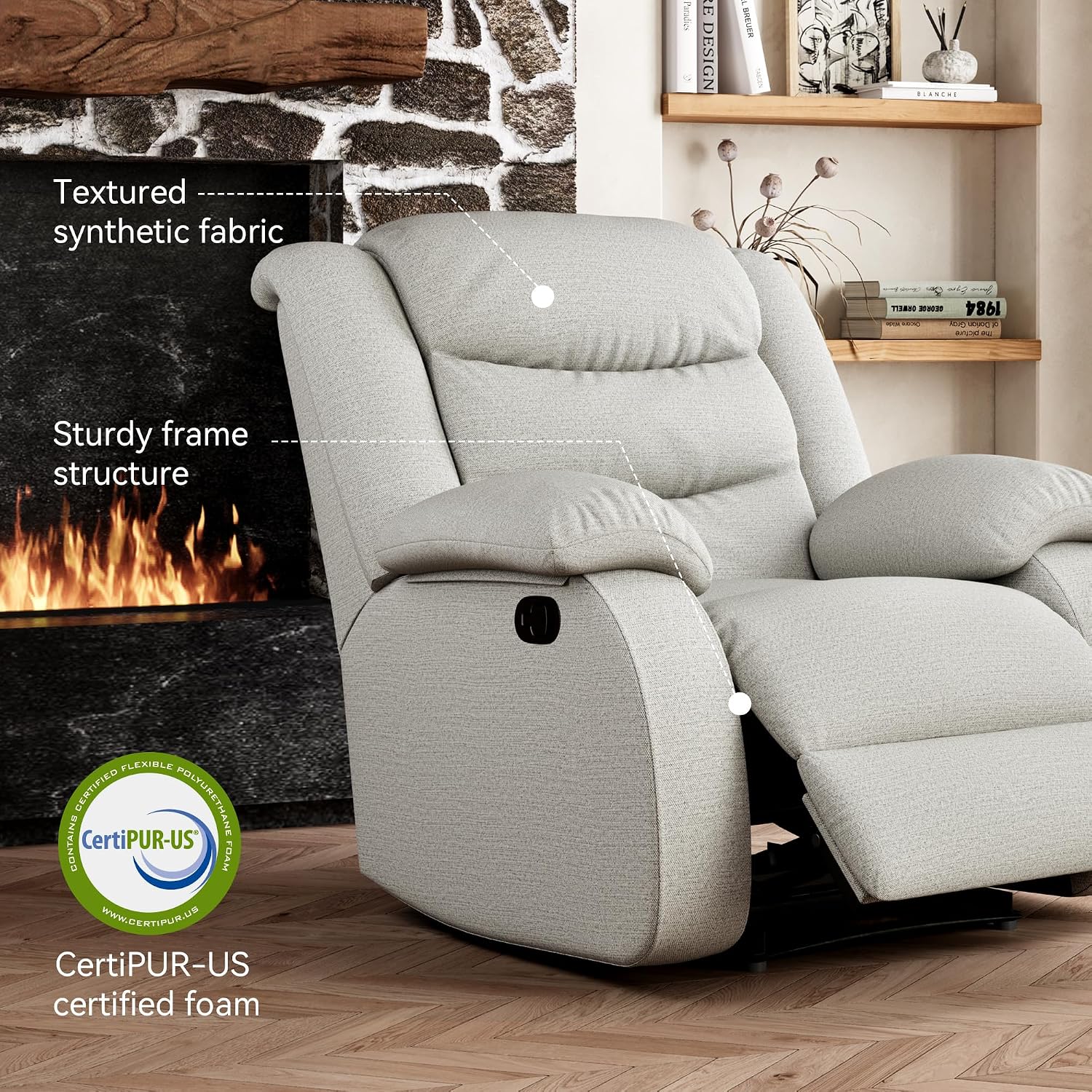 Oversized Fabric Recliner Chair, Overstuffed Manual Recliner Chair Single Sofa with Comfortable Arm and Backrest, Comfty Home Theater Seating for Living Room, Meeting Room, Bedroom, Light Grey