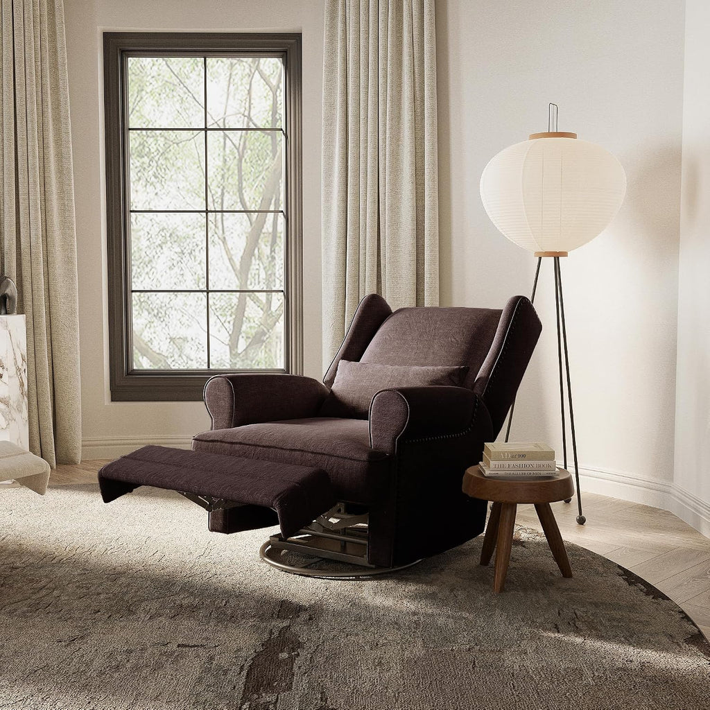 May in Color Nursery Glider Recliner, Comfy Upholstered Glider Chair with Lumbar Pillow and Footrest, Swivel Rocking Chair for Bedroom, Living Room, Brown