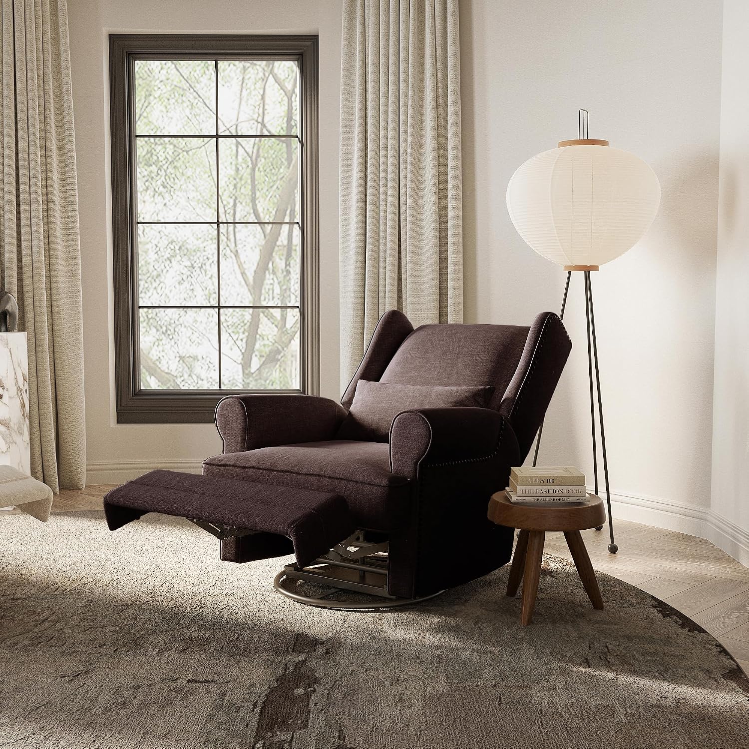 May in Color Nursery Glider Recliner, Comfy Upholstered Glider Chair with Lumbar Pillow and Footrest, Swivel Rocking Chair for Bedroom, Living Room, Brown