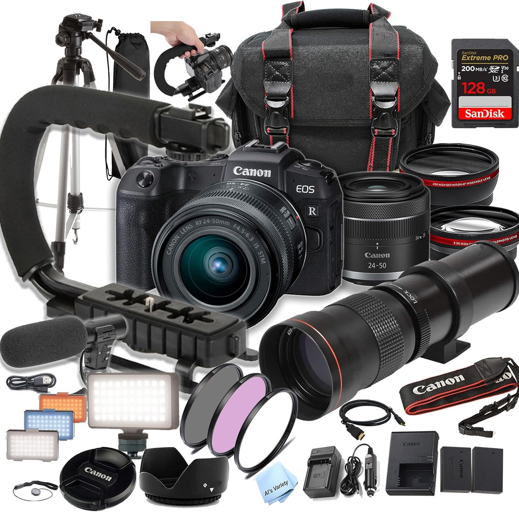 Canon EOS RP Camera Bundle with 24-50mm + 420-800mm Super Telephoto Lens +128GB Extreme Speed Card, U-Grip, Microphone, LED Video Light, Spare Battery, Filter Kit, More (Extreme Pro-Bundle) (Renewed)