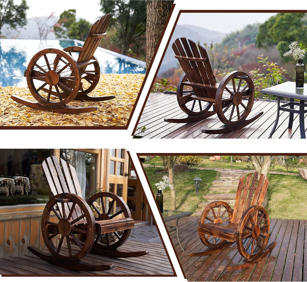AHB Outdoor Wood Rocking Chair, Wagon Wheel Decor Armrest Yard Glider Rocking Patio Chair with Slatted Design, Adirondack Rocking Chair for Porch Lawn Garden Balcony Poolside, Brown (1 PCS)