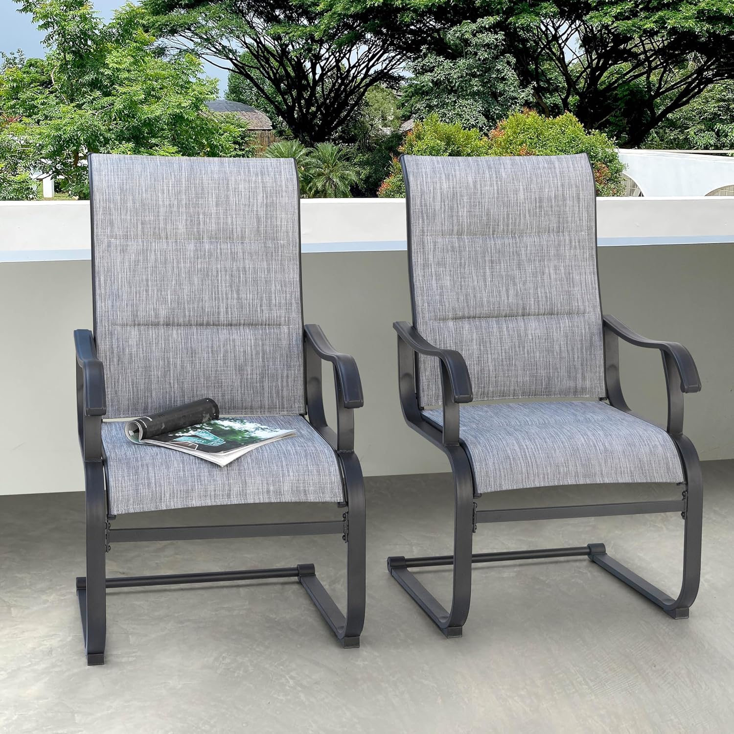 NUU GARDEN Patio Dining Chairs Set of 2, All Weather Outdoor Padded Textilene Patio Chairs, Breathable Spring Motion Textile High Back Outdoor Dining Chairs for Backyard, Lawn, Deck, Grey