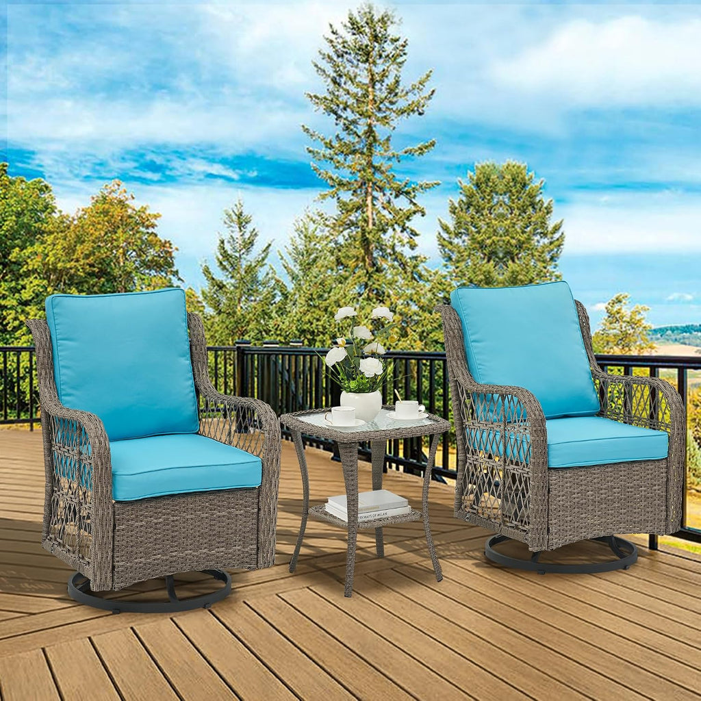 GAOMON 3 Pieces Outdoor Swivel Rocker Chair Set of 2 with Small Side Table, 360-Degree Swivel Rocking Chair, Outdoor Rocking Chair Set for Patio Porch Pool (Gray Wicker/Light Blue Cushion)
