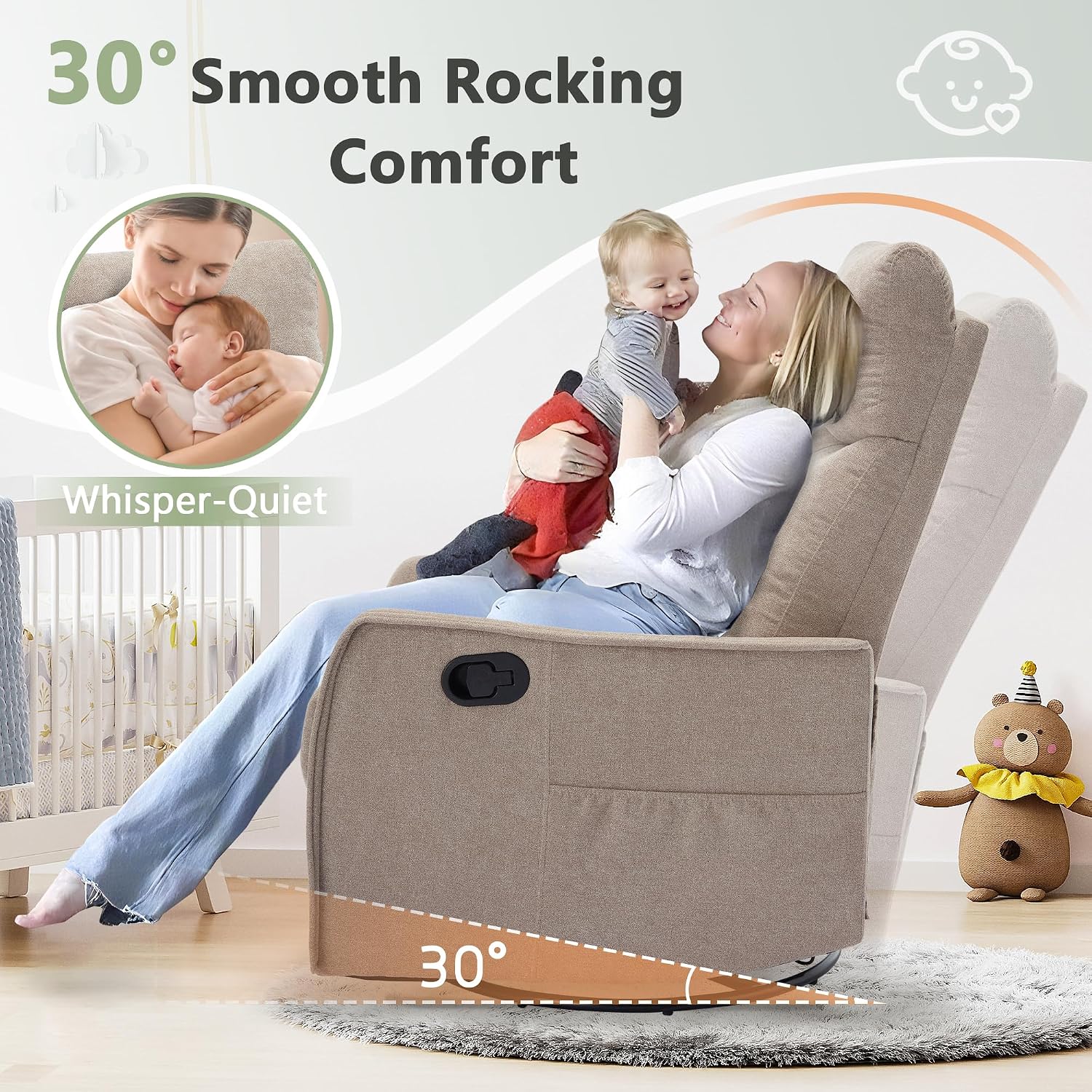 cinkehome Swivel Rocker Recliner Chair with Heated Massage, Rocking Reclining Chairs for Nursery, Small Spaces, High Back, Side Pocket