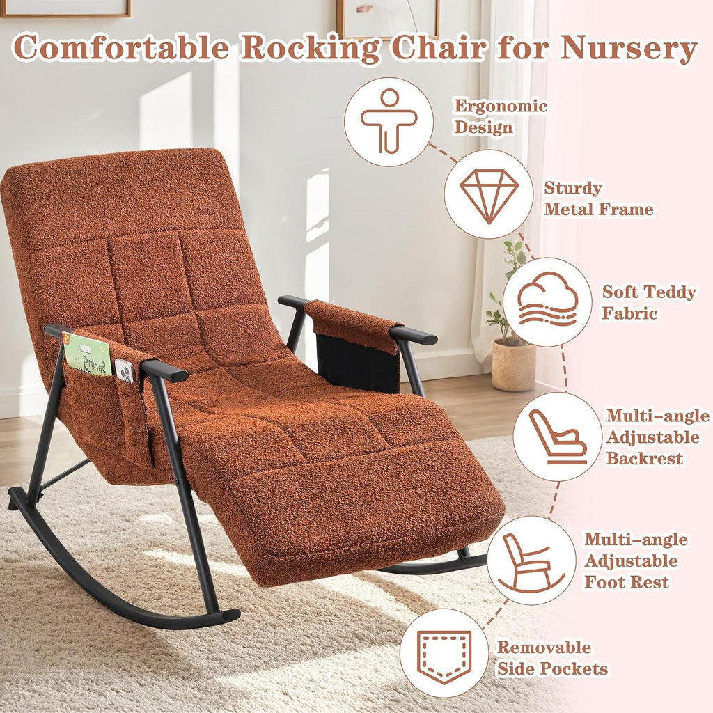 VECELO High Back Nursery Rocking Chair with Foot Rest, Teddy Upholstered Reclining Glider Rocker, Comfy Armchair Padded Seat Removable Side Pockets for Living Room, Bedroom, Balcony, Brown