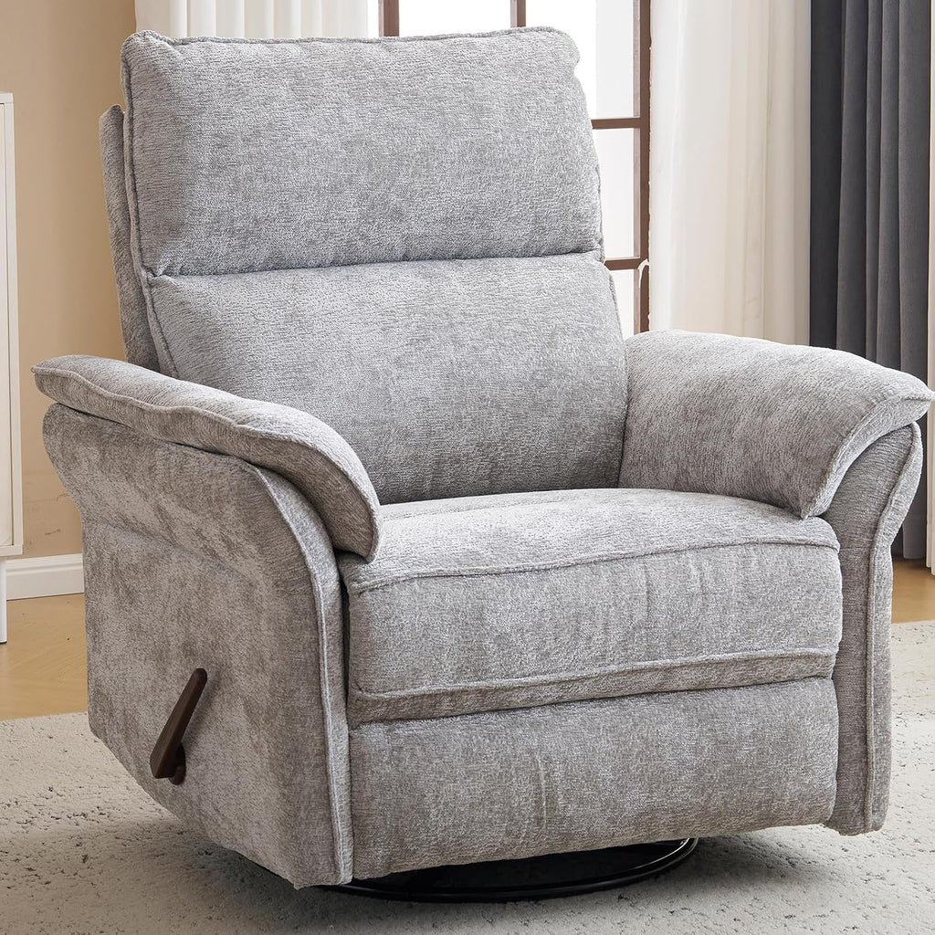 Oversized Swivel Rocker Recliner with Adjustable Headrest, Rocking Chair Nursery with Overstuffed Armrest, Manual Rocker Recliner Nursery Chair for Living Room,Light Grey