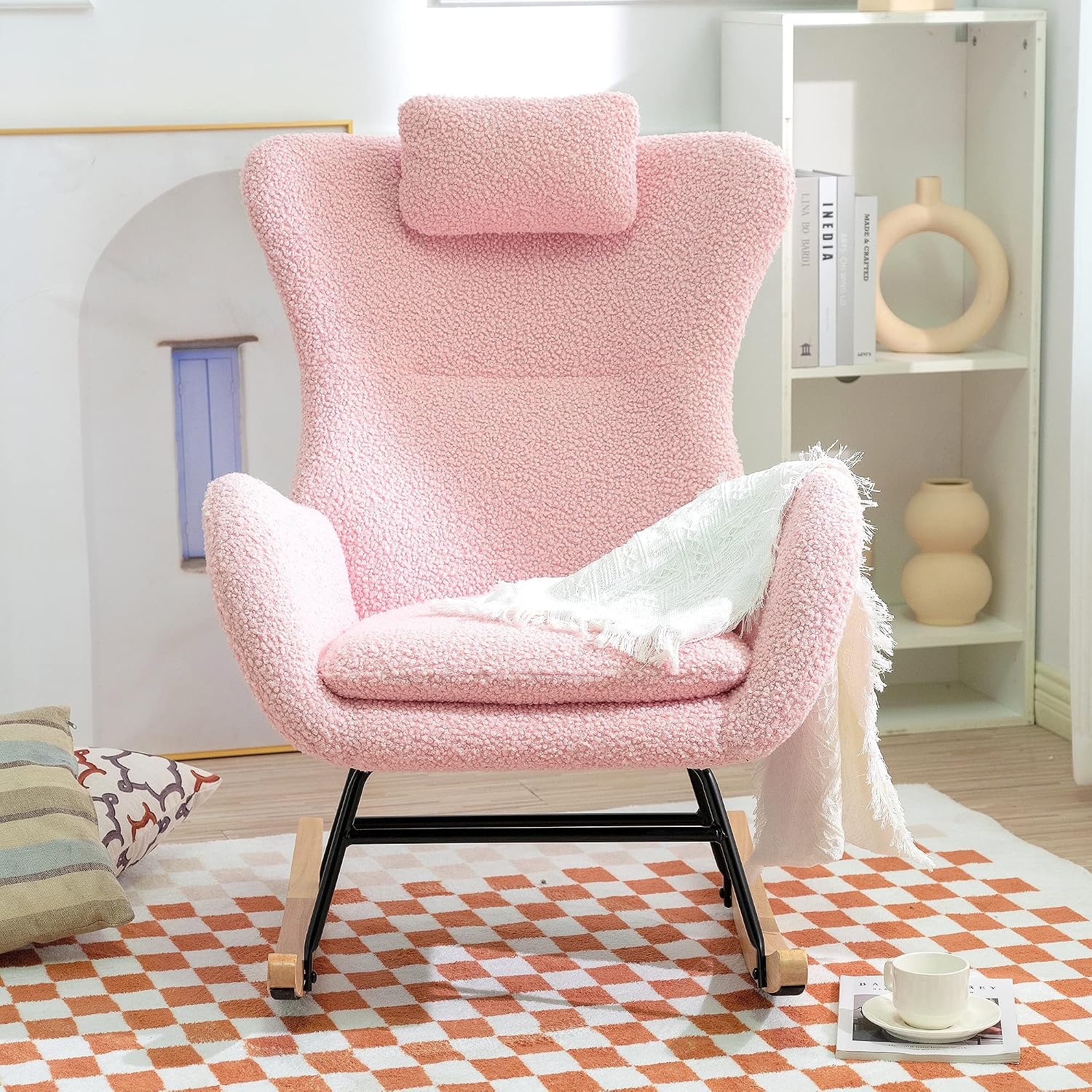 GDFStudio Aurla Rocking Chair, Teddy Upholstered Rocker Glider Chair with High Backrest, Adjustable Headrest & Pocket, Comfy Glider Rocker for Bedroom, Living Room, Offices, Rubber Wood, Pink