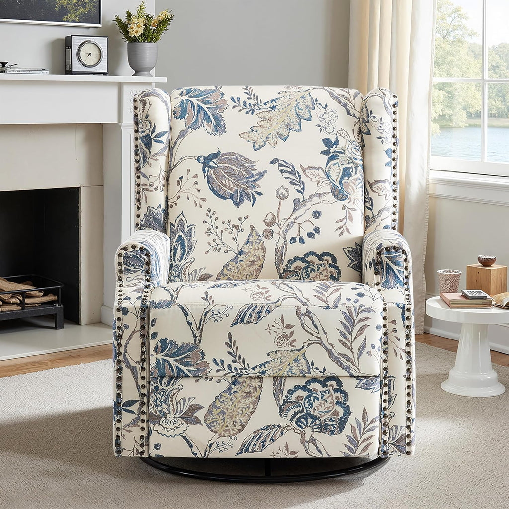 Lumibee Swivel Rocker Recliner Chair Set of 2, Printed Fabric Swivel Glider Rocking Chair with High Back, Upholstered Deep Seat Wingback Recliner Chair for Living Room Bedroom, Plants Blue