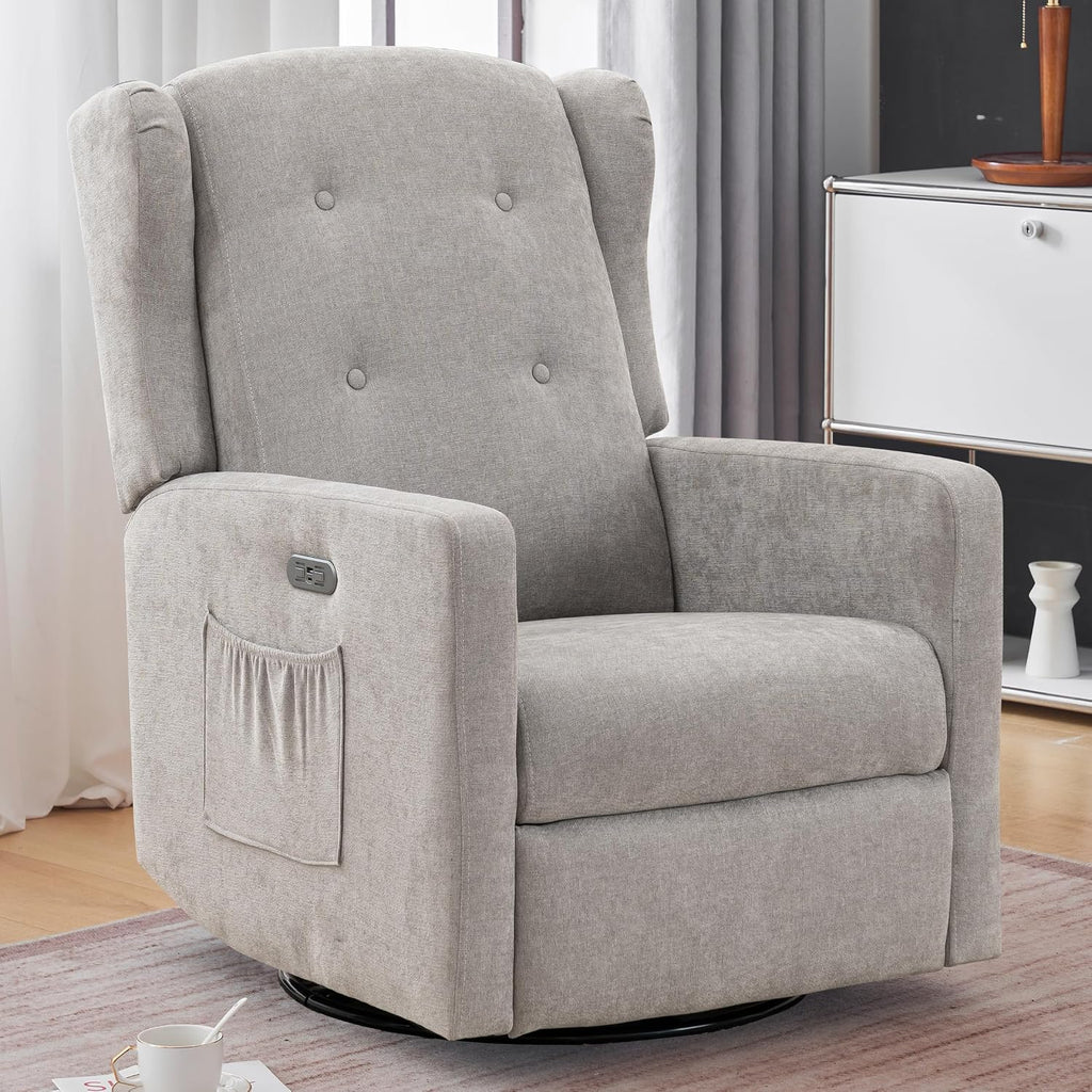Ketaiyou Power Swivel Rocking Recliner Chair, High Back Electric Rocker Nursery Glider Chair, USB and Type-C Ports, Upholstered Fabric Reclining Single Sofa Chair for Living Room (Grey)