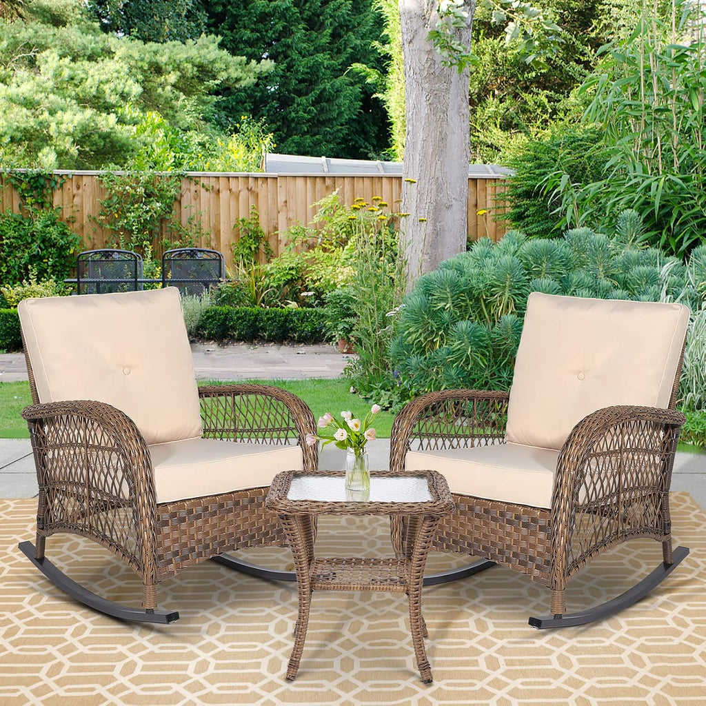 3-Piece Outdoor Patio Bistro Rocking Chair Set, Rattan Patio Rockers with Cushions & Glass-Top Coffee Table, Conversation Set for Porch & Backyard - Beige