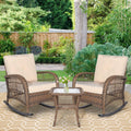 3-Piece Outdoor Patio Bistro Rocking Chair Set, Rattan Patio Rockers with Cushions & Glass-Top Coffee Table, Conversation Set for Porch & Backyard - Beige