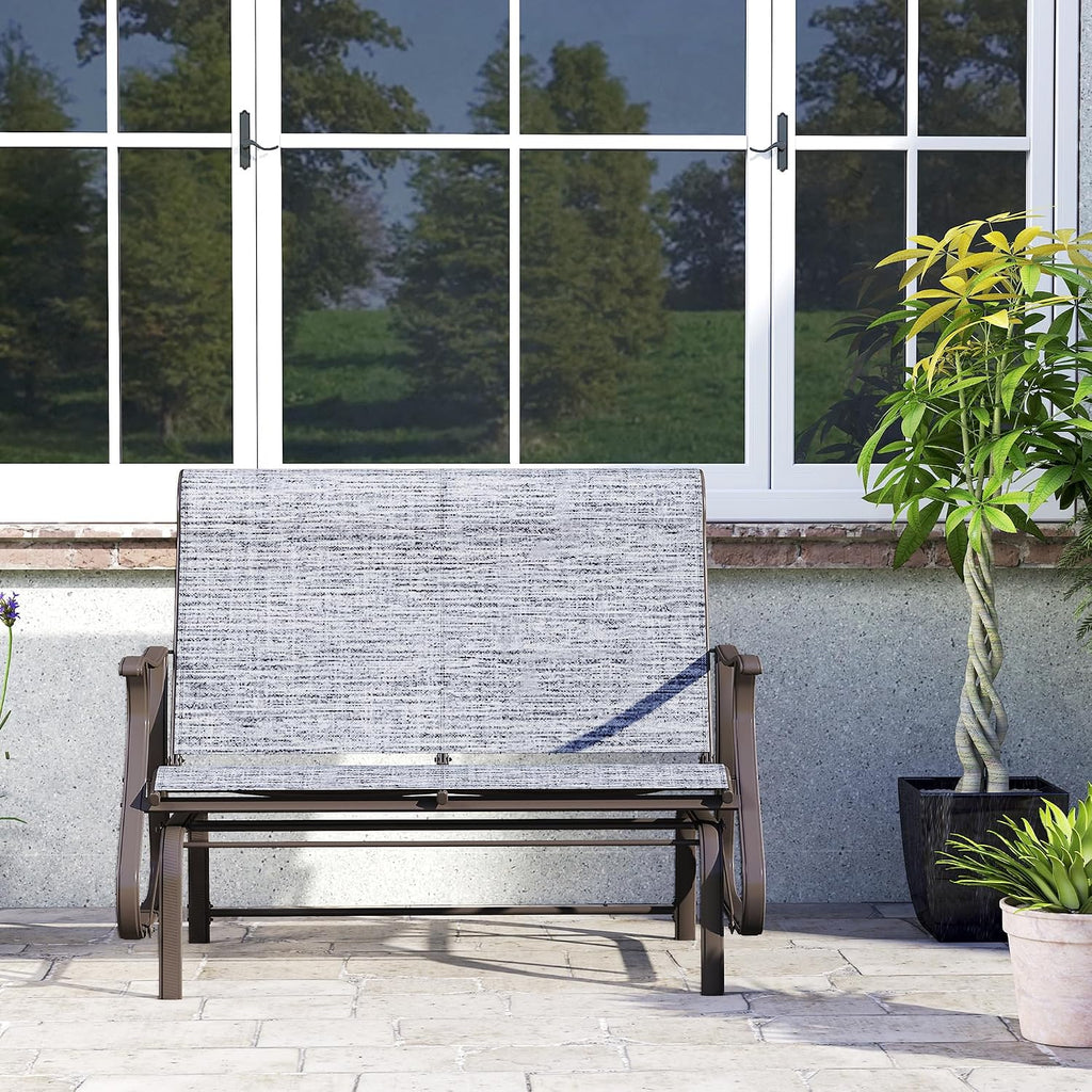 Outsunny 2-Person Outdoor Glider Bench, Patio Glider Loveseat Chair with Powder Coated Steel Frame, 2 Seats Porch Rocking Glider for Backyard, Lawn and Garden, Mixed Gray