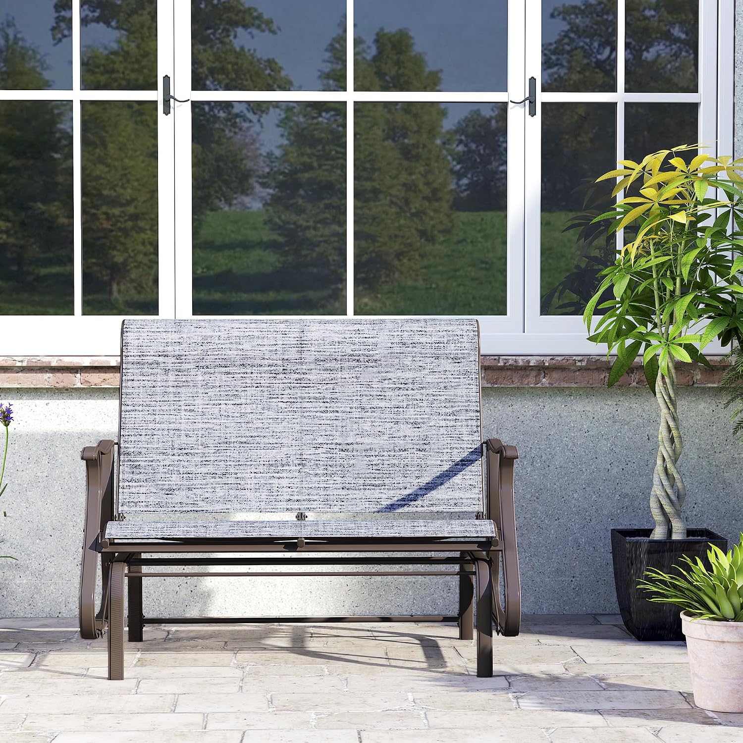 Outsunny 2-Person Outdoor Glider Bench, Patio Glider Loveseat Chair with Powder Coated Steel Frame, 2 Seats Porch Rocking Glider for Backyard, Lawn and Garden, Mixed Gray