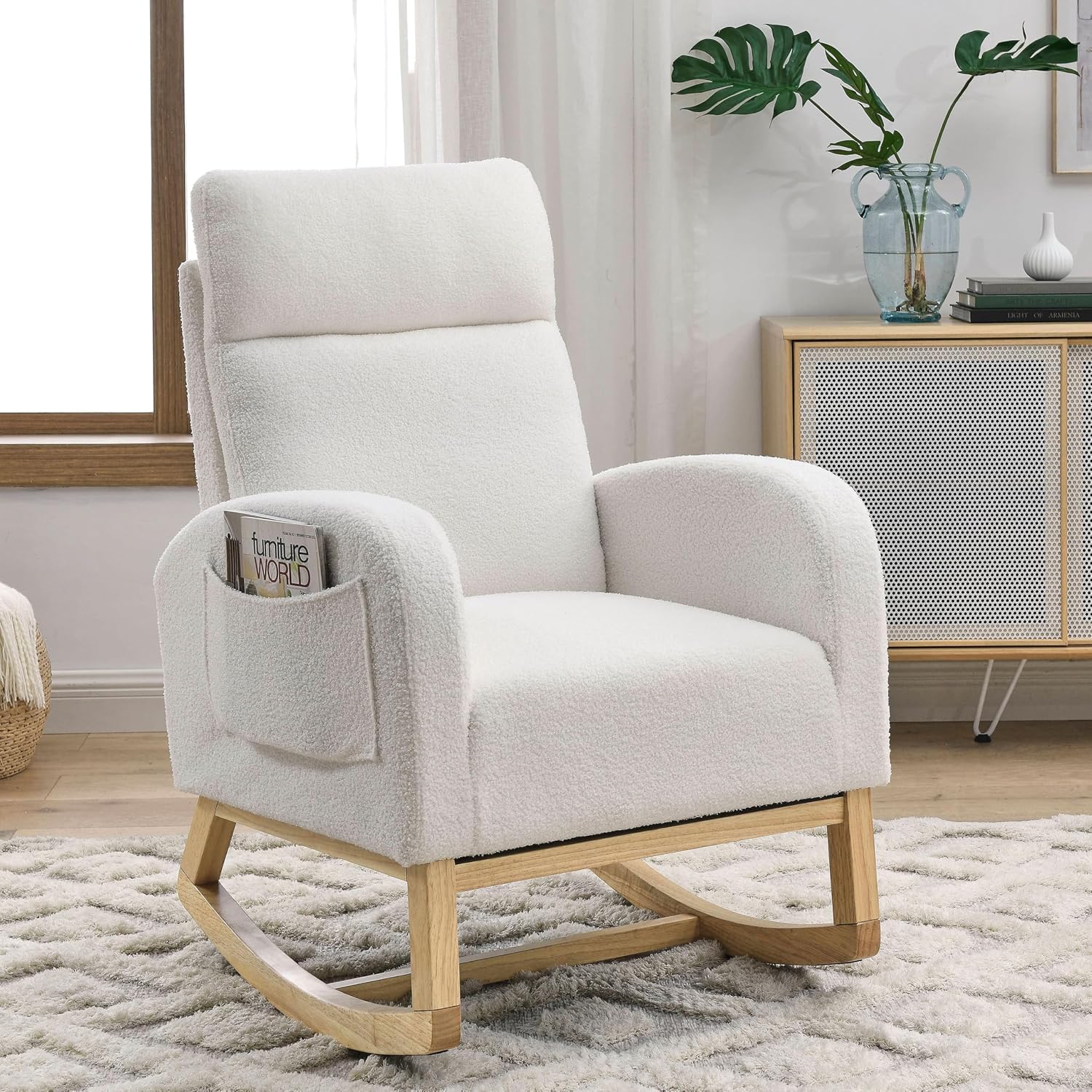 Nursery Rocking Chair Teddy Upholstered Accent Rocker Chair with High Backrest, Soft Rocker Glider Solid Rubber Wood Leg for Bedroom Living Room Nursing Room, Two Side Pocket, White Classic