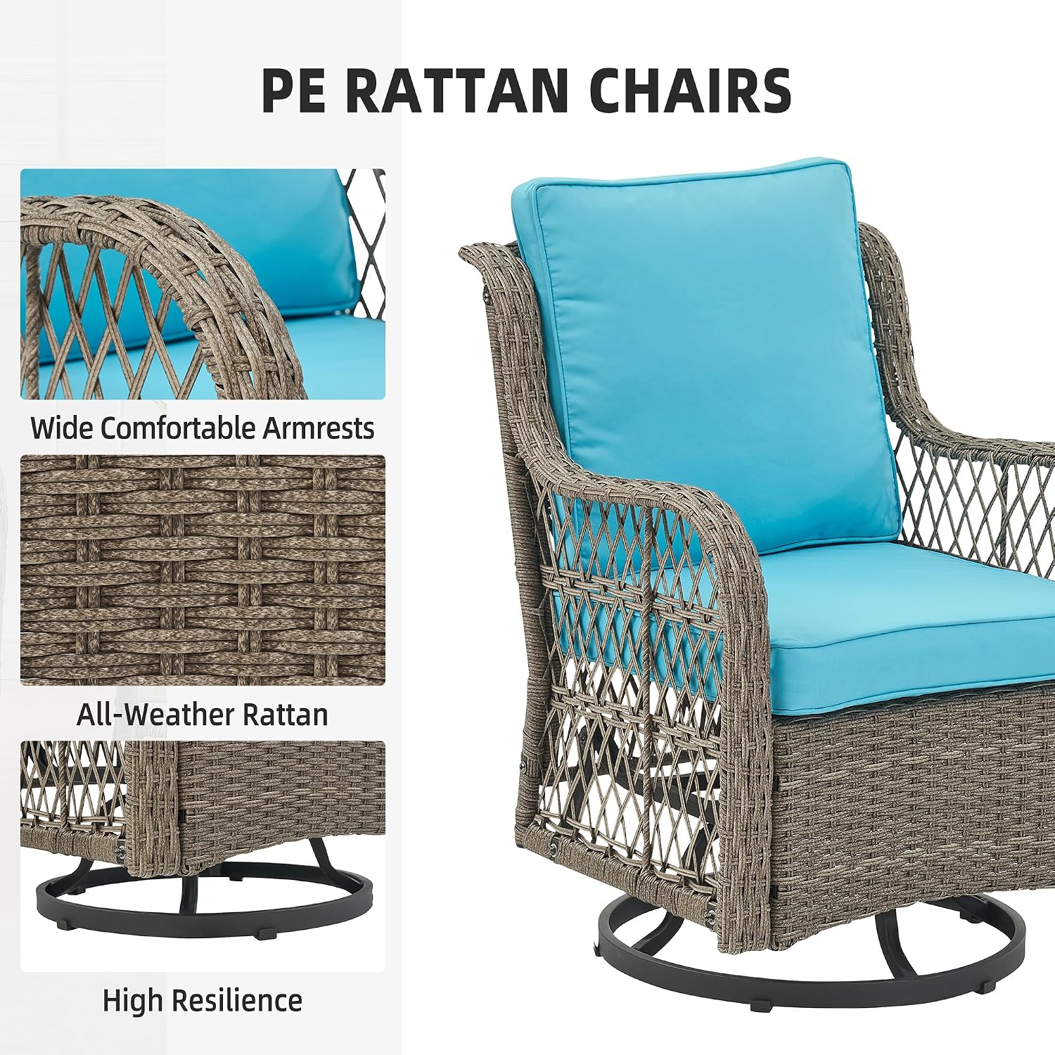 GAOMON 3 Pieces Outdoor Swivel Rocker Chair Set of 2 with Small Side Table, 360-Degree Swivel Rocking Chair, Outdoor Rocking Chair Set for Patio Porch Pool (Gray Rattan/Light Blue Cushion)
