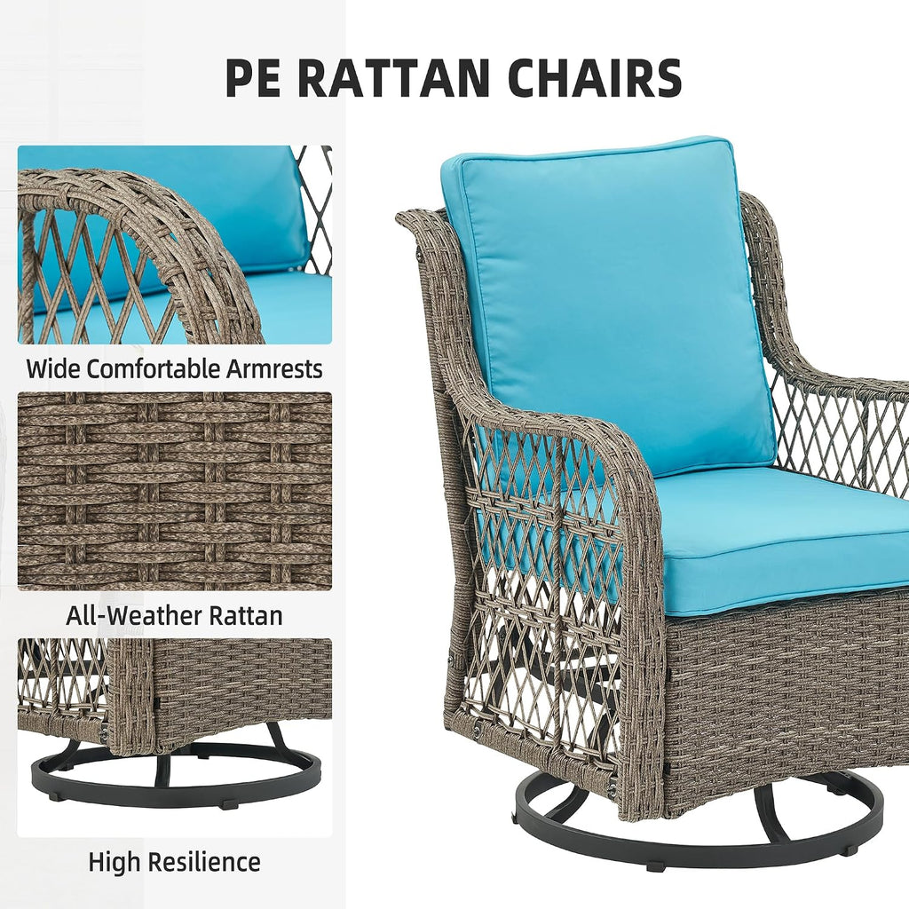 GAOMON 3 Pieces Outdoor Swivel Rocker Chair Set of 2 with Small Side Table, 360-Degree Swivel Rocking Chair, Outdoor Rocking Chair Set for Patio Porch Pool (Gray Wicker/Light Blue Cushion)