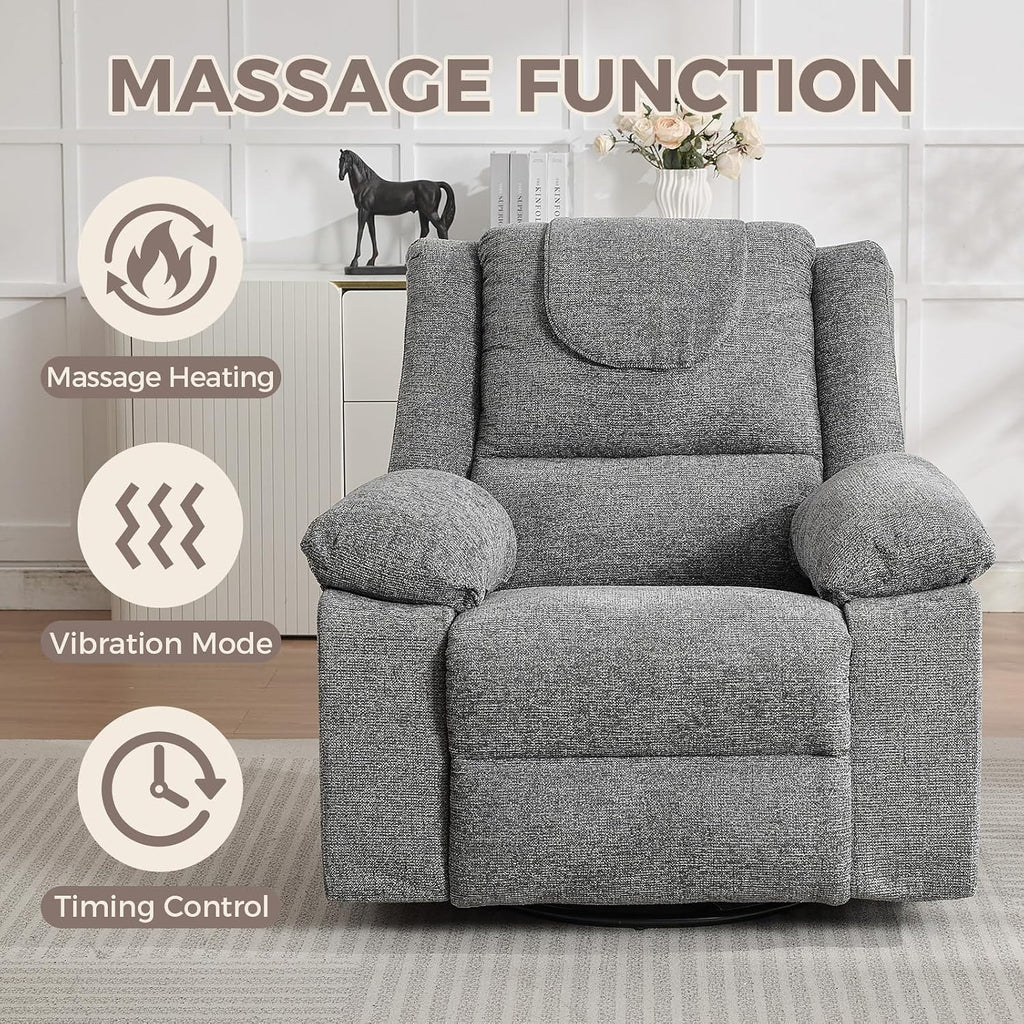 Adults Oversized Rocking Nursery Glider Recliner Chair,360° Swivel Rock Recliner Chairs Single Sofa with Vibration Massage and Heating for Living Room/Bedroom,Grey