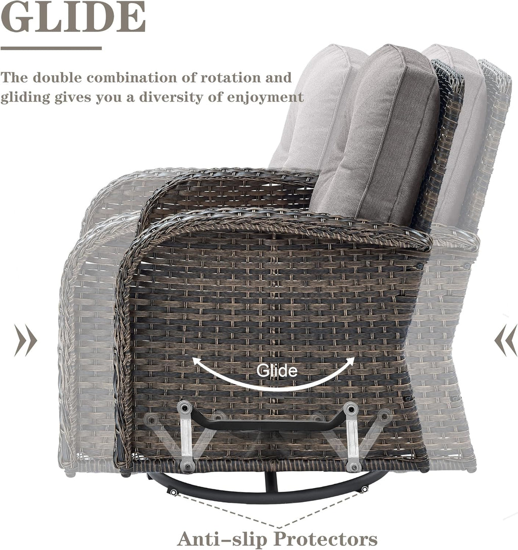 Belord Patio Furniture Swivel Glider PE Wicker Chairs, Outdoor Swivel Rocker Seating with Cushions for Porch Deck Balcony, Brown/Gray
