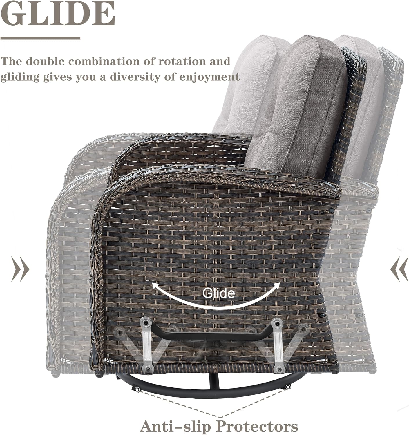 Belord Patio Furniture Swivel Glider PE Wicker Chairs, Outdoor Swivel Rocker Seating with Cushions for Porch Deck Balcony, Brown/Gray