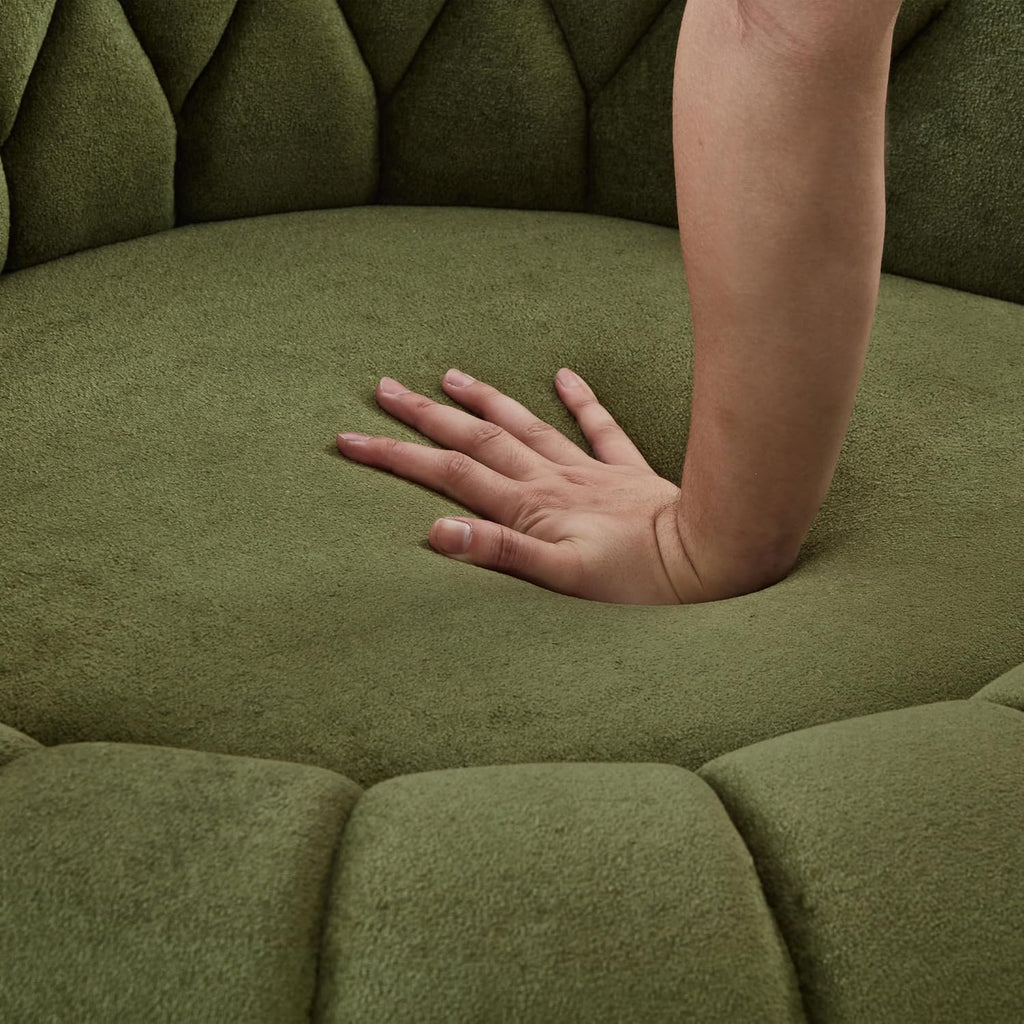 360° Swivel Accent Chair, Chenille Fabric Barrel Swivel Chair Round Club Chair with Curved Armrests & Thick Cushioning, Stylish Channel-Tufted & Diamond-Quilted Backrest for Living Room (Green,02)