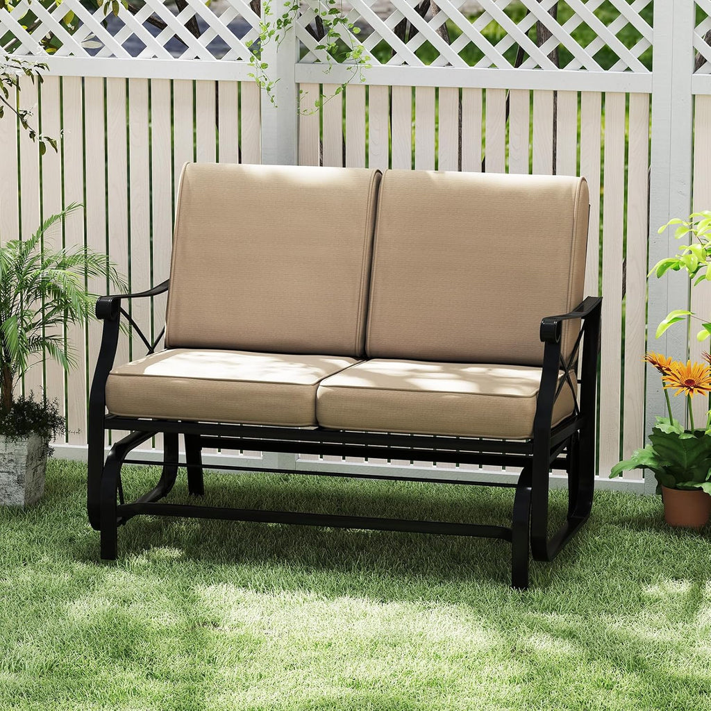 Giantex 2-Person Outdoor Glider, Rocking Chair Loveseat with Detachable Thick Cushions, Metal Frame, 660Lbs Capacity, Outside Swing Chair, Loveseat, Patio Glider Bench for Porch, Garden, Yard (Brown)