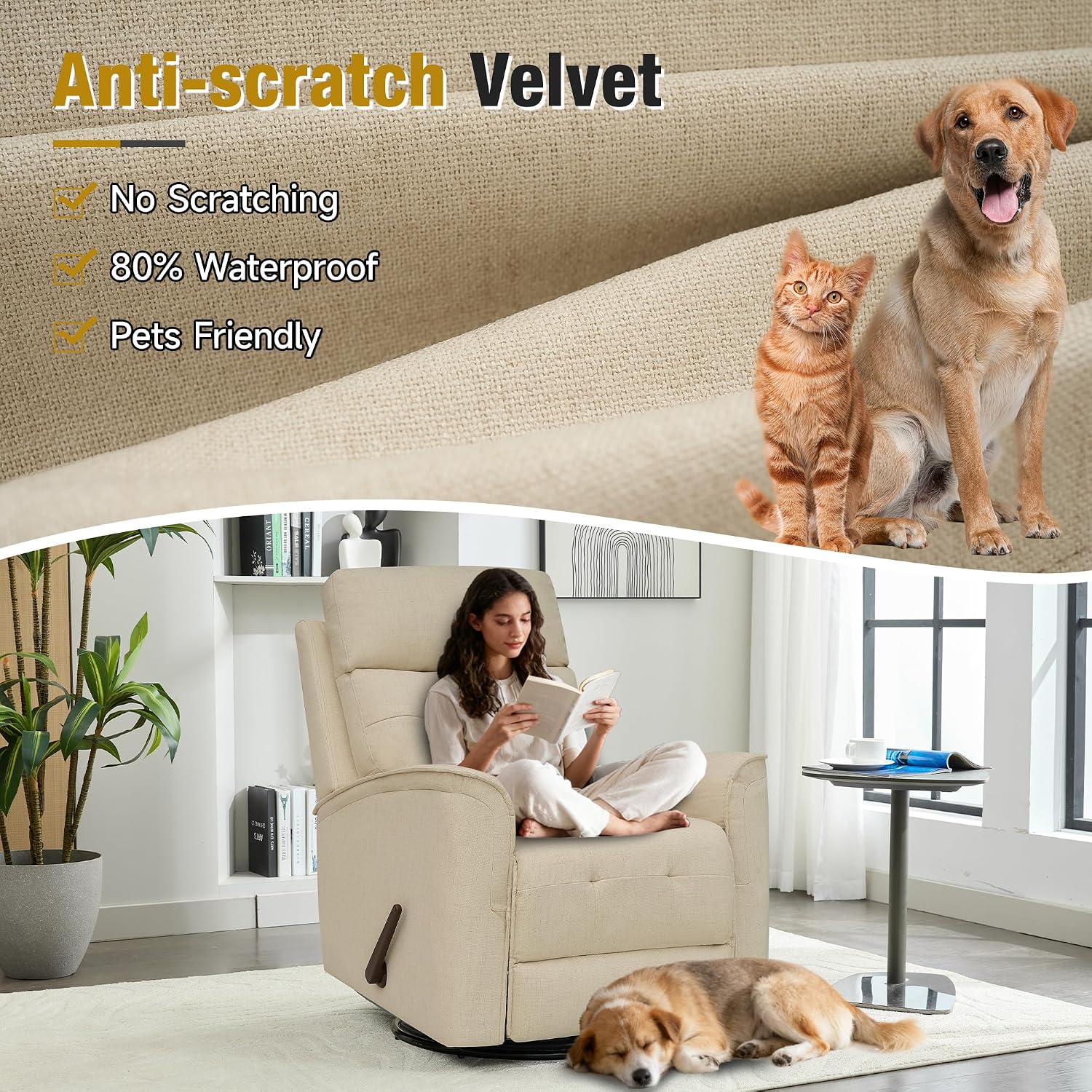 Swivel Rocker Recliner Chair for Adults, Rocking Chair, Small Swivel Recliner for Small Spaces, Living Room, Bedroom, RV(Beige)