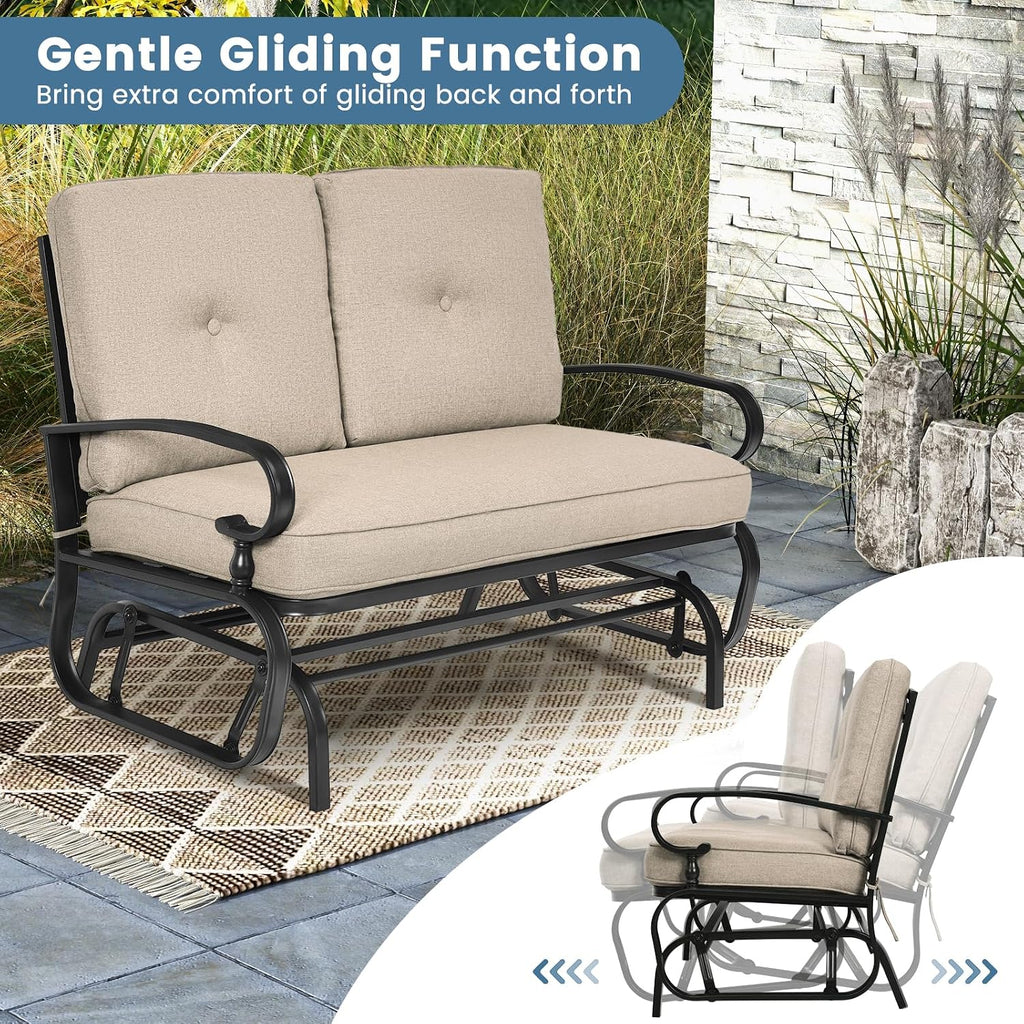 Tangkula Outdoor Swing Glider Chair, Patio Glider Bench for 2 Persons, Outdoor Rocking Loveseat with Steel Frame & Comfortable Cushions for Garden, Porch, Balcony, Poolside (Beige)