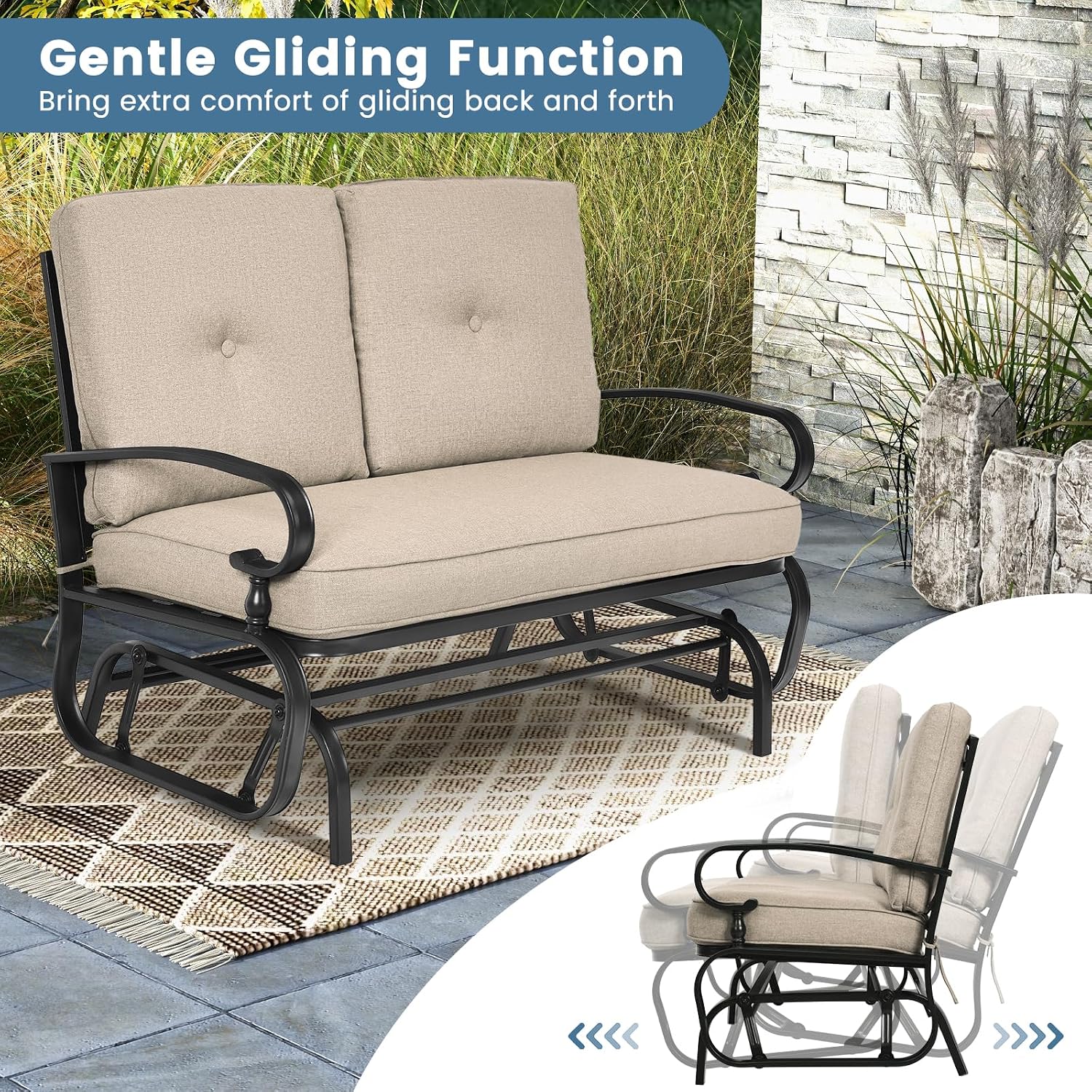 Tangkula Outdoor Swing Glider Chair, Patio Glider Bench for 2 Persons, Outdoor Rocking Loveseat with Steel Frame & Comfortable Cushions for Garden, Porch, Balcony, Poolside (Beige)