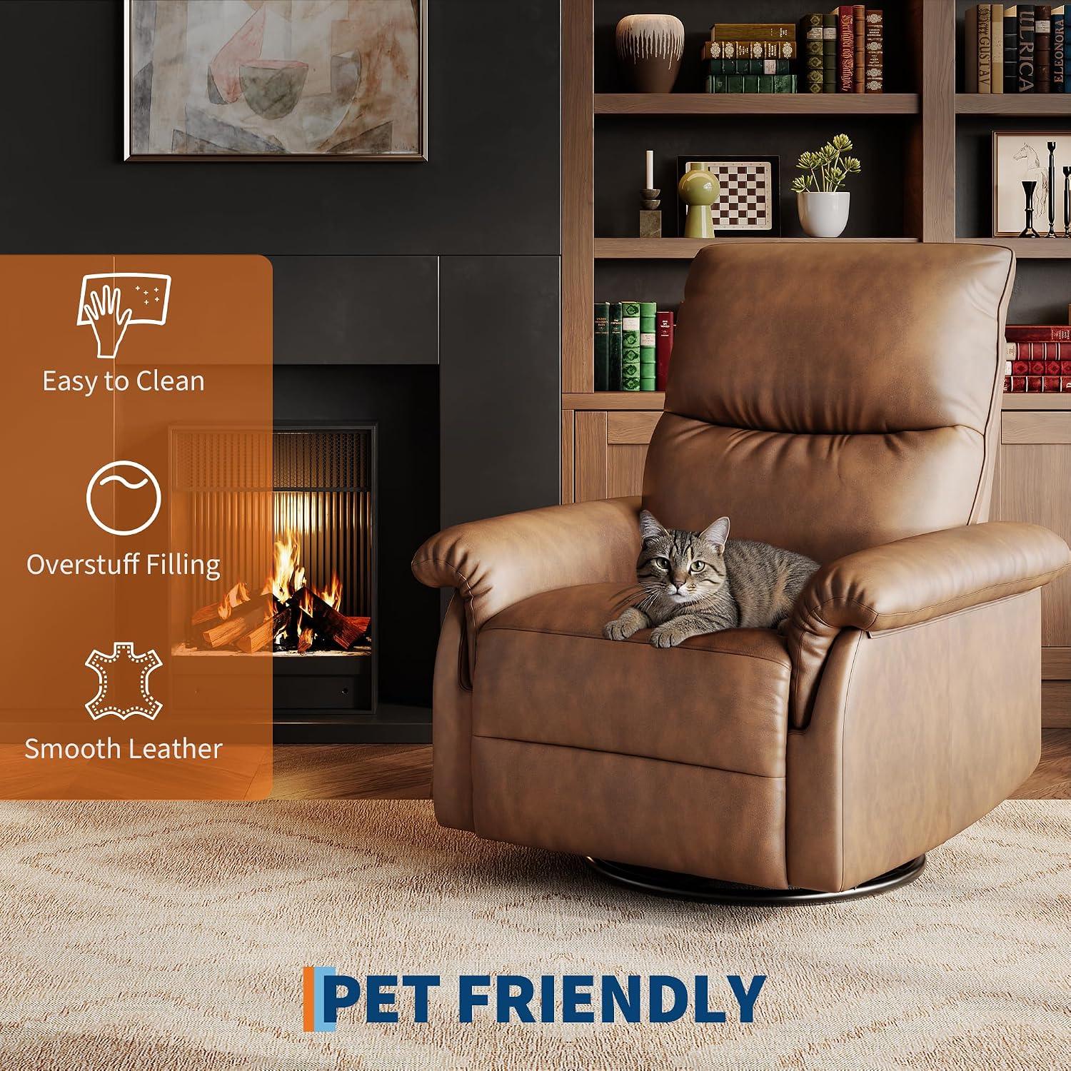 GarveeHome Recliner Chair, 360° Swivel Rocker Glider Nursery Chair with Padded Armrest and Deep Seat, PU Leather Upholstered Reclining Sofa Chair for Living Room, Bedroom and Nursery (Orange)