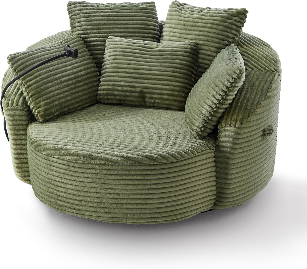 JIVOIT 360° Swivel Accent Chair with 5 Throw Pillows, Adjustable Phone Holder, Corduroy Fabric Round Sofa Chair Barrel Chair with Semi-Wraparound Design for Living Room, Office and Hotel (Green,1)
