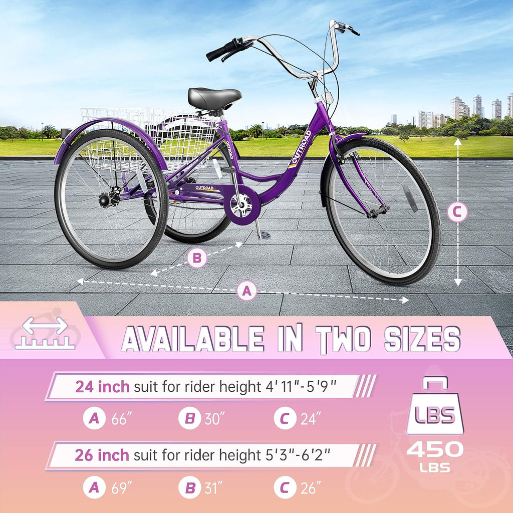 Outroad Adult Tricycle, 24/26 inch 1 Speed Cruiser Trike, 3 Wheel Bikes with Large Basket for Seniors, Women, Men, Adult Trikes for Shopping Picnic Outdoor Sports,Red Blue