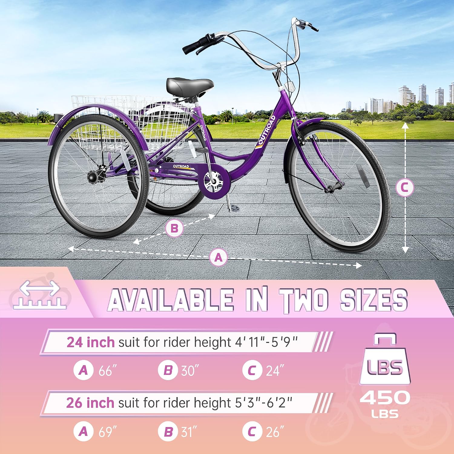 Outroad Adult Tricycle, 24/26 inch 1 Speed Cruiser Trike, 3 Wheel Bikes with Large Basket for Seniors, Women, Men, Adult Trikes for Shopping Picnic Outdoor Sports,Red Blue