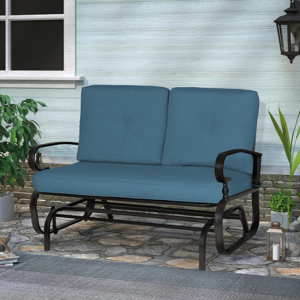 Crownland Outdoor Patio Glider Chair, Rocking Glider Bench for 2 Person, Porch Furniture Loveseat Seating, Wrought Iron Patio Textilene Gliders for Outside, Porch, Garden(Peacock Blue)