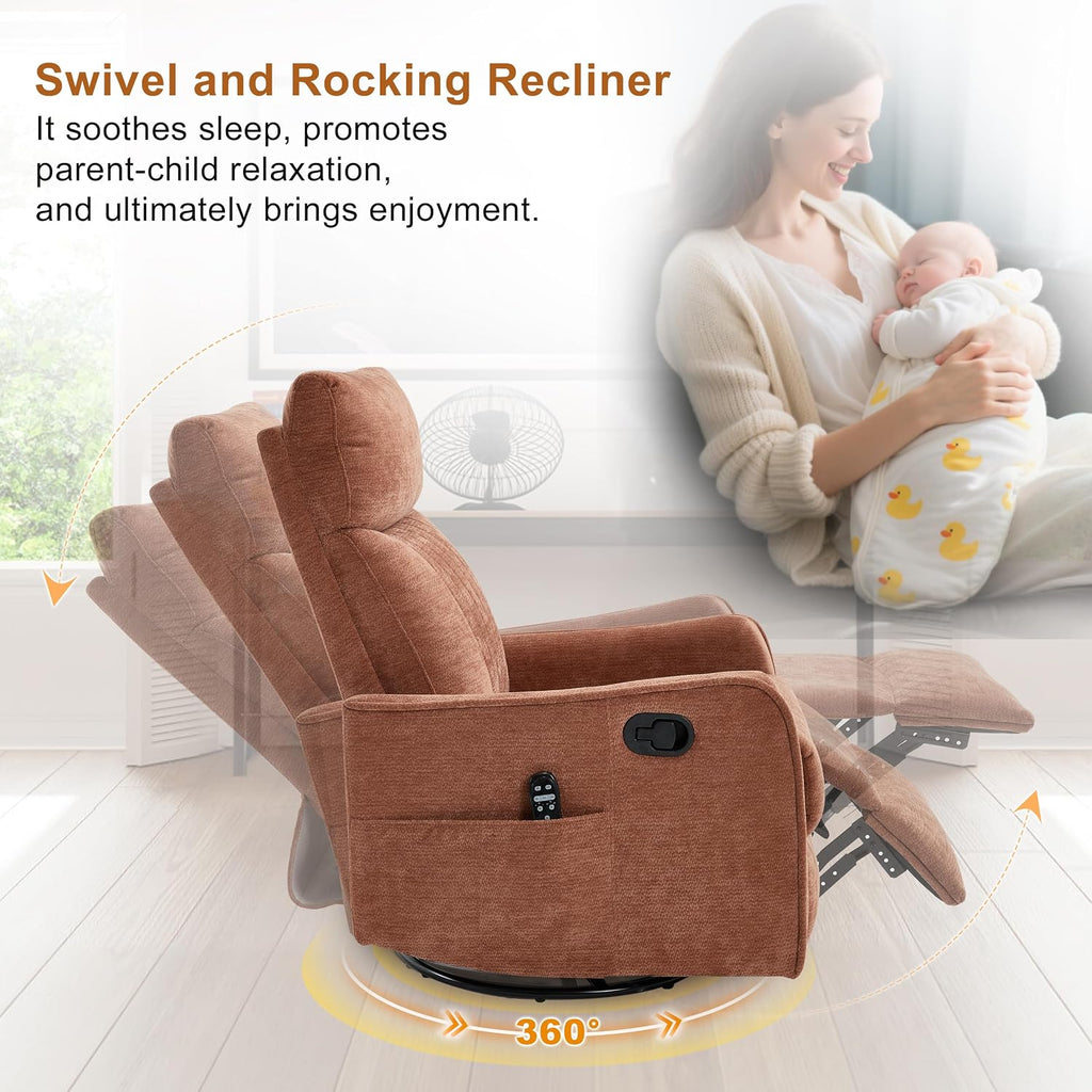 Manual Swivel Rocker Recliner Chair for Adults, Overstuffed Nursery Glider Recliner with Vibration Massage and Lumbar Heat, Living Room Reclining Chair, Fabric Orange