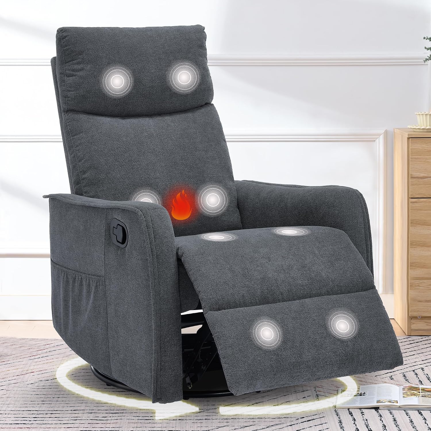 cinkehome Swivel Rocker Recliner, Glider Rocker Recliner Chair for Nursery, Manual Reclining Chair with Heated Massage, Small Spaces, Living Room, Linen Dark Grey
