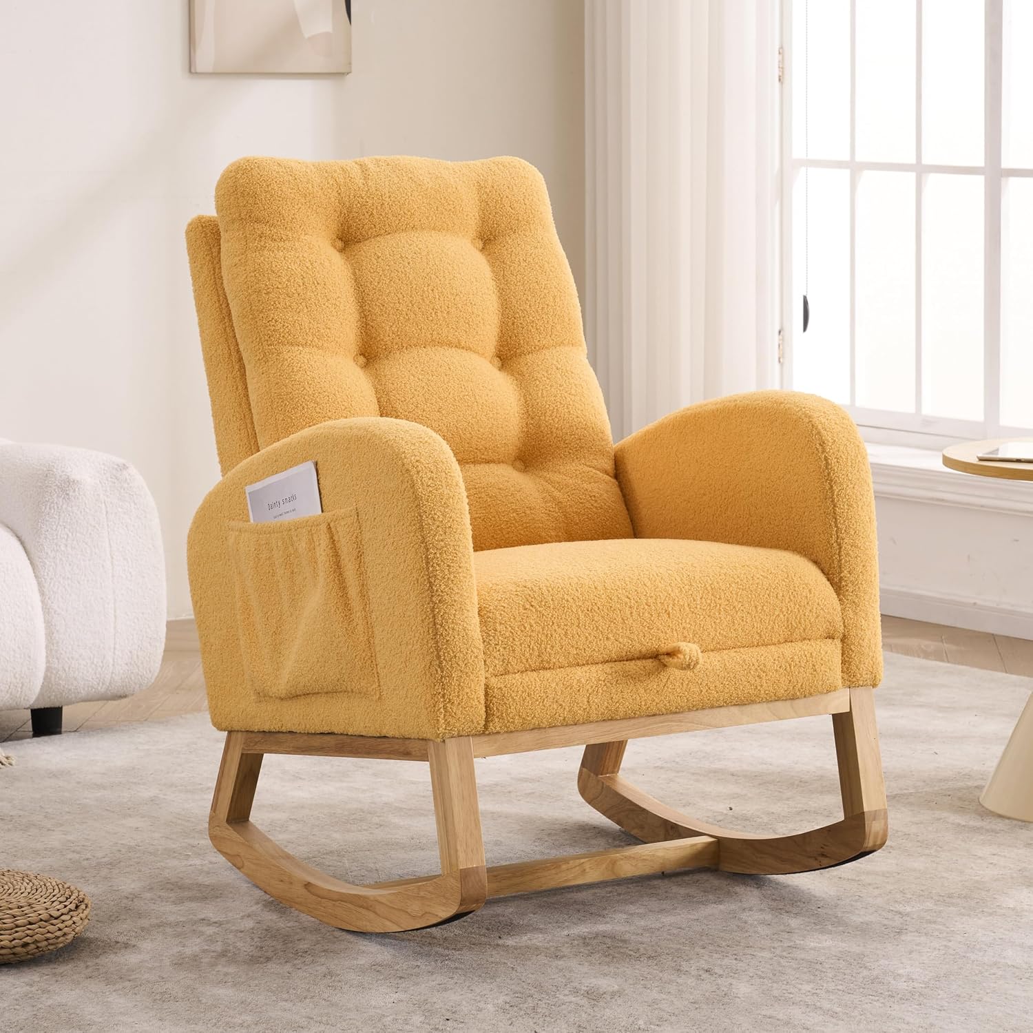 Nursery Rocking Chair Upholstered Accent Rocker Chair with Adjustable Footrest, Comfy Soft Rocker Glider Solid Rubber Wood Leg for Bedroom Living Room Nursing Room, Side Pocket, Yellow Classic