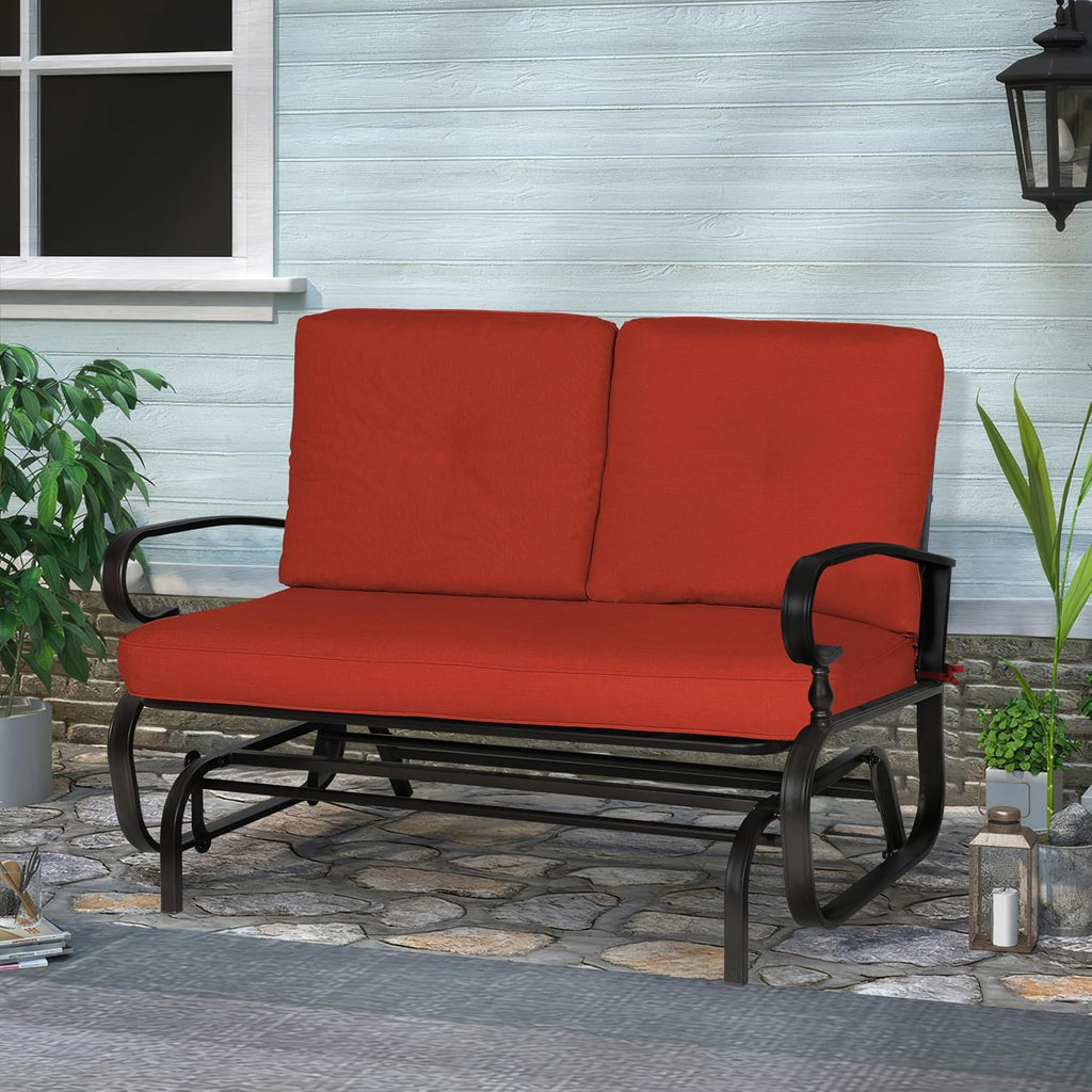 Crownland Outdoor Patio Glider Chair, Rocking Glider Bench for 2 Person, Porch Furniture Loveseat Seating, Wrought Iron Patio Gliders for Outside, Porch, Garden, Classic Red