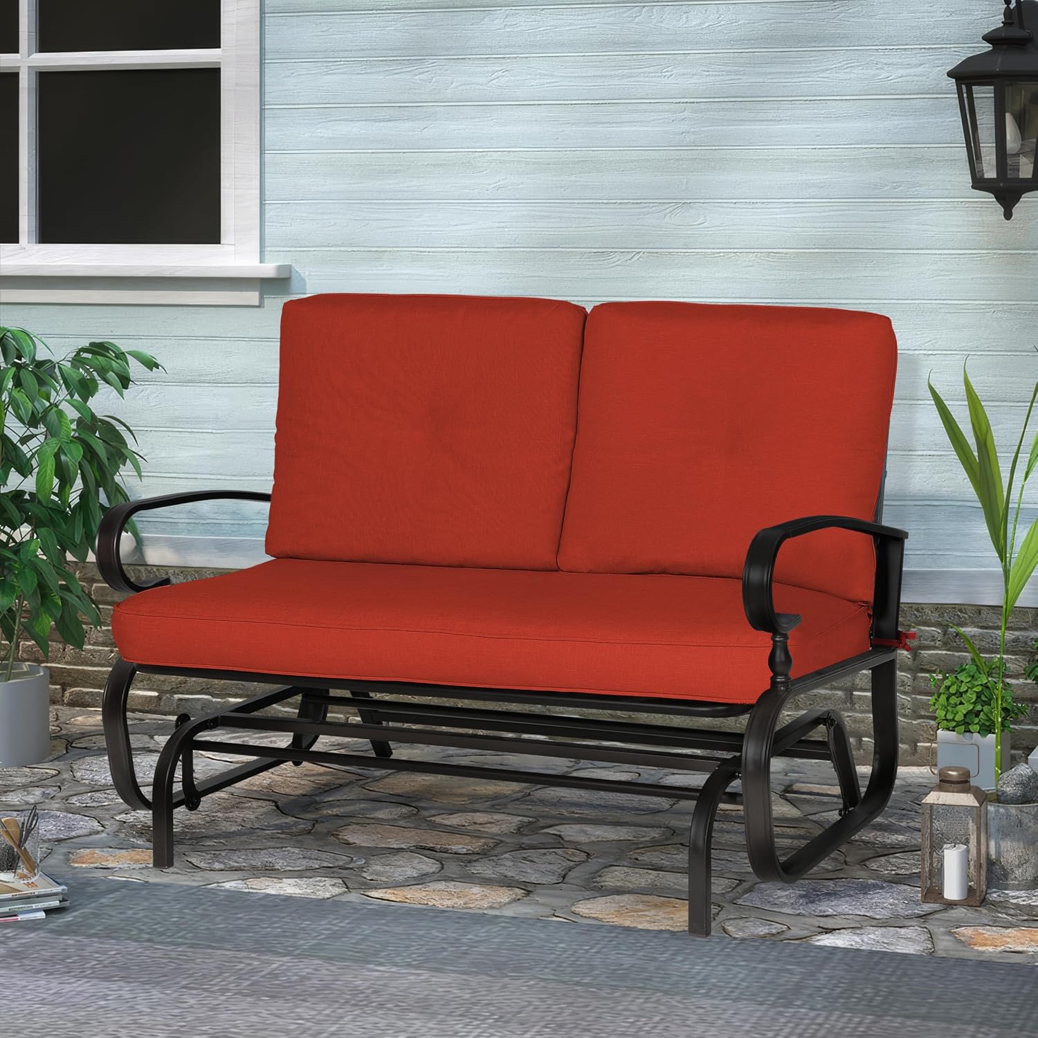 Crownland Outdoor Patio Glider Chair, Rocking Glider Bench for 2 Person, Porch Furniture Loveseat Seating, Wrought Iron Patio Gliders for Outside, Porch, Garden, Classic Red