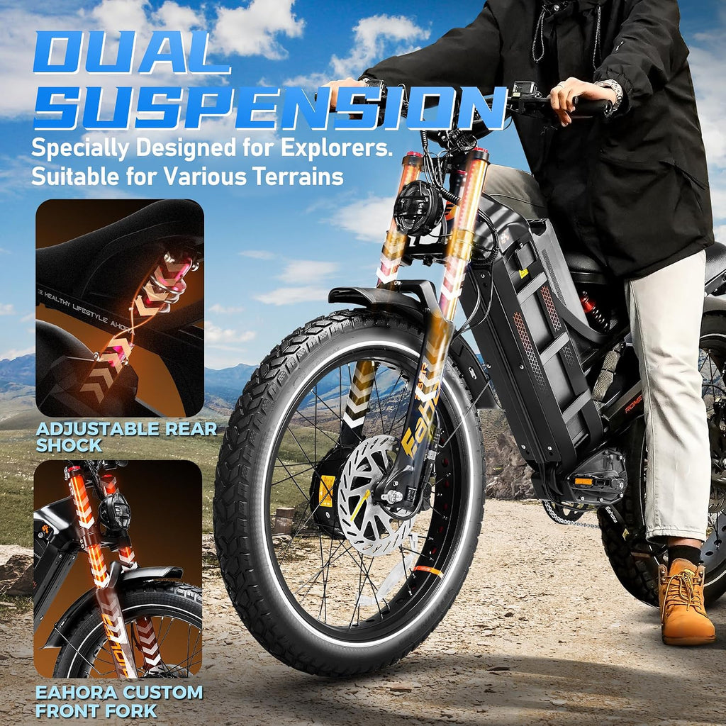 2026 eAhora Romeo Pro 3/2 50-46 Mph Electric Bike for Adults, 5600W/4000W/2500W Dual Motor Ebike 60V 80Ah/52V 70Ah Battery 200 Miles Long Range, 26*4.0'/20*4.5' Fat Tire, Full Suspension, All Terrain