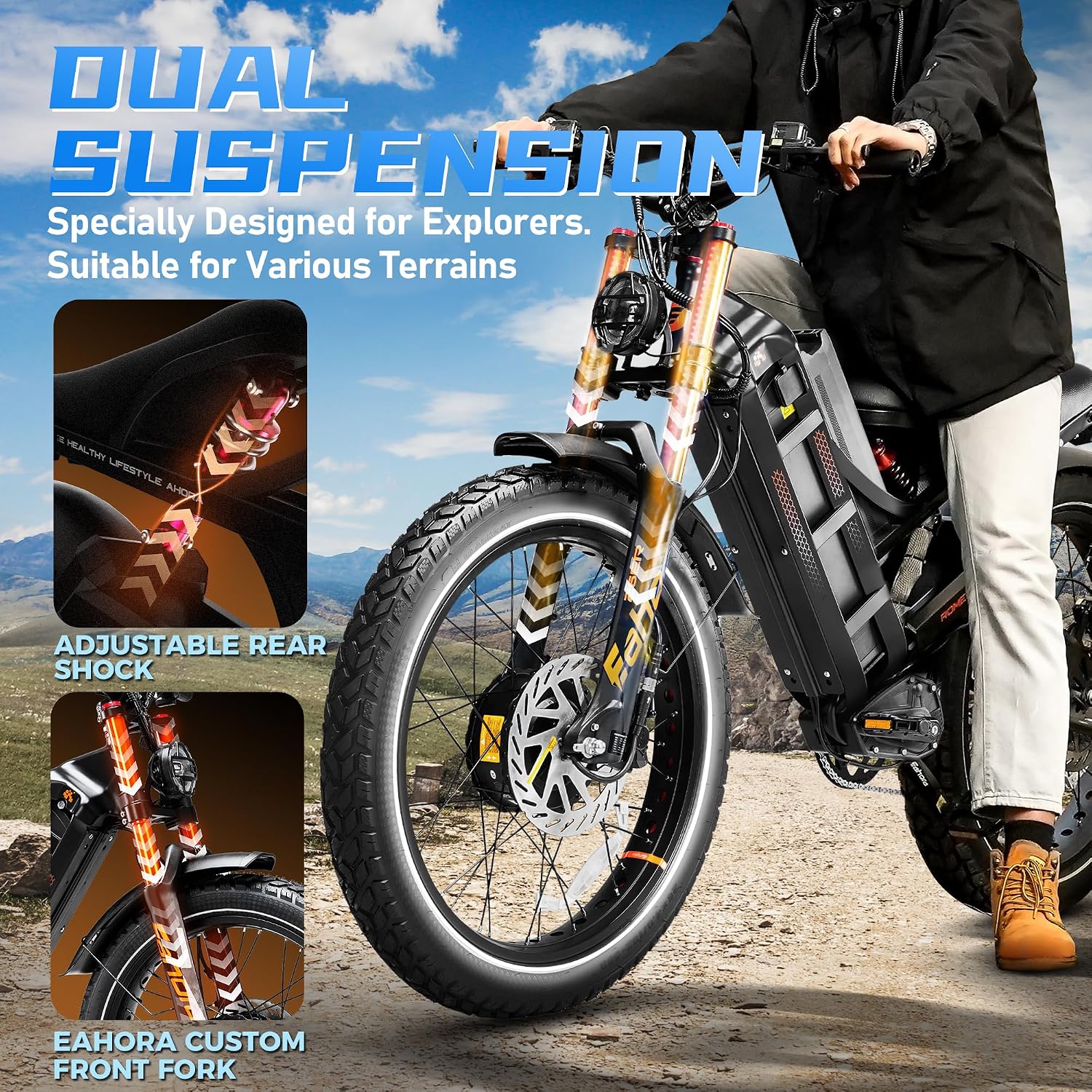 2026 eAhora Romeo Pro 3/2 50-46 Mph Electric Bike for Adults, 5600W/4000W/2500W Dual Motor Ebike 60V 80Ah/52V 70Ah Battery 200 Miles Long Range, 26*4.0'/20*4.5' Fat Tire, Full Suspension, All Terrain