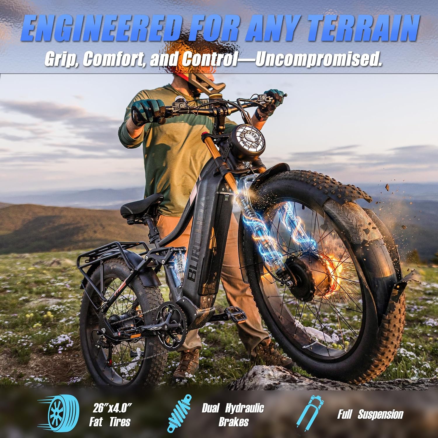 2026 Dual Motor Electric Bike for Adults AWD 5000W/3000W Peak 40 MPH/30 MPH E Dirt Bike, 52V/48V Removable Battery 65/80/150 Miles Max Long Range with Full Suspension 26' Fat Tires Mountain Bike