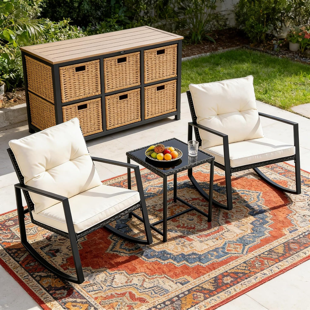 SUNCROWN 3 Piece Outdoor Rocking Bistro Set Black Wicker Furniture Porch Chairs Conversation Sets with Glass Coffee Table, Beige
