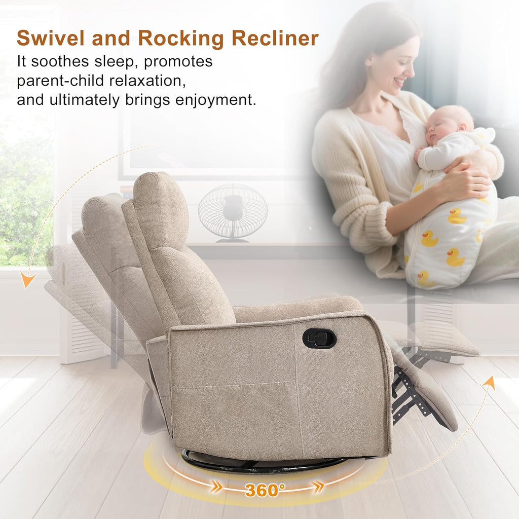 Manual 360° Swivel Rocker Recliner Chair for Adults, Overstuffed Glider Chair for Nursery with Vibration Massage and Heat, Comfy Soft Fabric Glider with Side Pockets for Living Room, Khaki