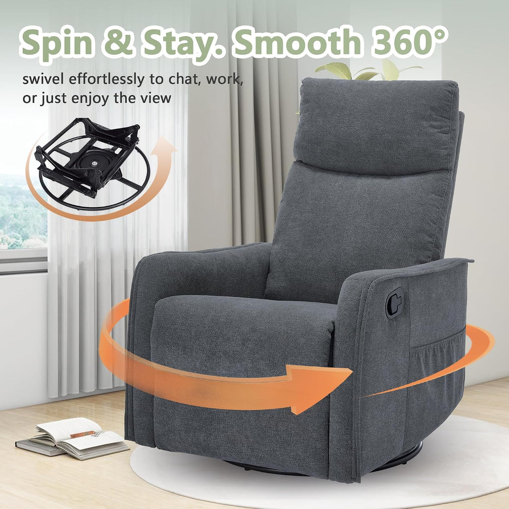 cinkehome Swivel Rocker Recliner, Glider Rocker Recliner Chair for Nursery, Manual Reclining Chair with Heated Massage, Small Spaces, Living Room, Linen Dark Grey