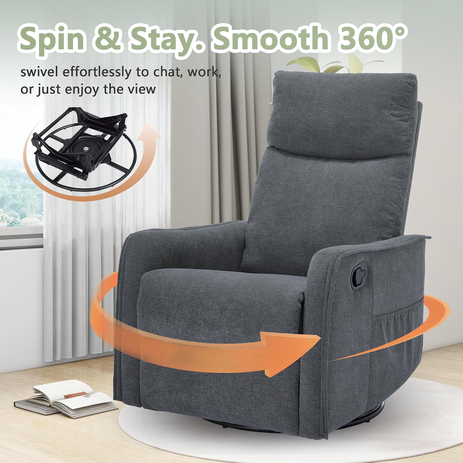 cinkehome Swivel Rocker Recliner, Glider Rocker Recliner Chair for Nursery, Manual Reclining Chair with Heated Massage, Small Spaces, Living Room, Linen Dark Grey