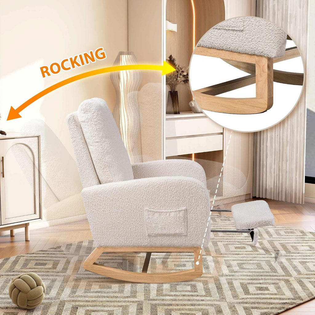 Aoiy & Wifon Rocking Chair Nursery, Modern Nursery Rocking Chairs with Side Pocket & Footrest, Upholstered Rocking Chair Nursery Glider, Boucle, Ivory