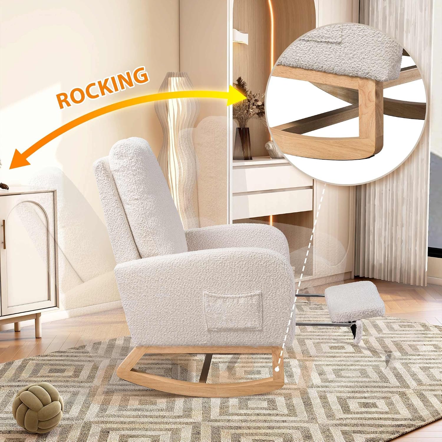 Aoiy & Wifon Rocking Chair Nursery, Modern Nursery Rocking Chairs with Side Pocket & Footrest, Upholstered Rocking Chair Nursery Glider, Boucle, Ivory