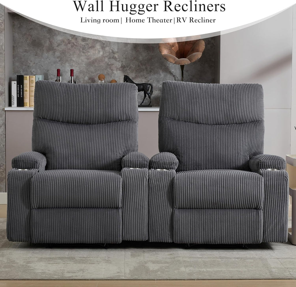 Manual Recliner Chair with Pull Ring, 3 Position 140° Reclining Sofa for Living Room, Nursery, RV, and Office,Oversized Recliner Chairs for Adults(Grey Corduroy Fabric)