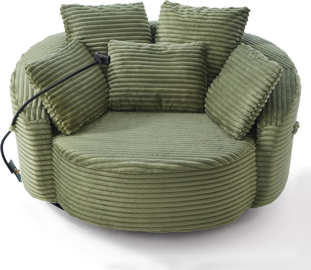 JIVOIT 360° Swivel Accent Chair with 5 Throw Pillows, Adjustable Phone Holder, Corduroy Fabric Round Sofa Chair Barrel Chair with Semi-Wraparound Design for Living Room, Office and Hotel (Green,1)